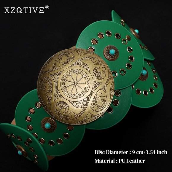 Woman\'s Western PU Leather Belts Concho Disc Wide Waist Belt Green Bronze Buckle main image 4